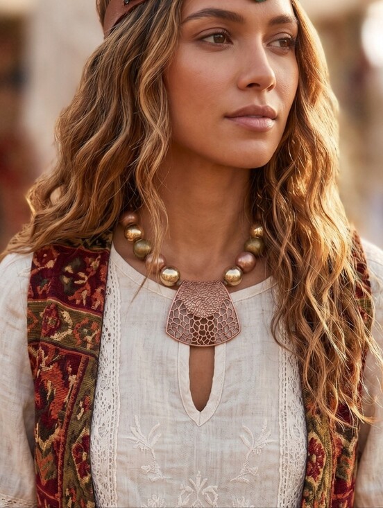 Jewelry - Bohemian Copper Pendant Necklace with Gold And Copper Beads